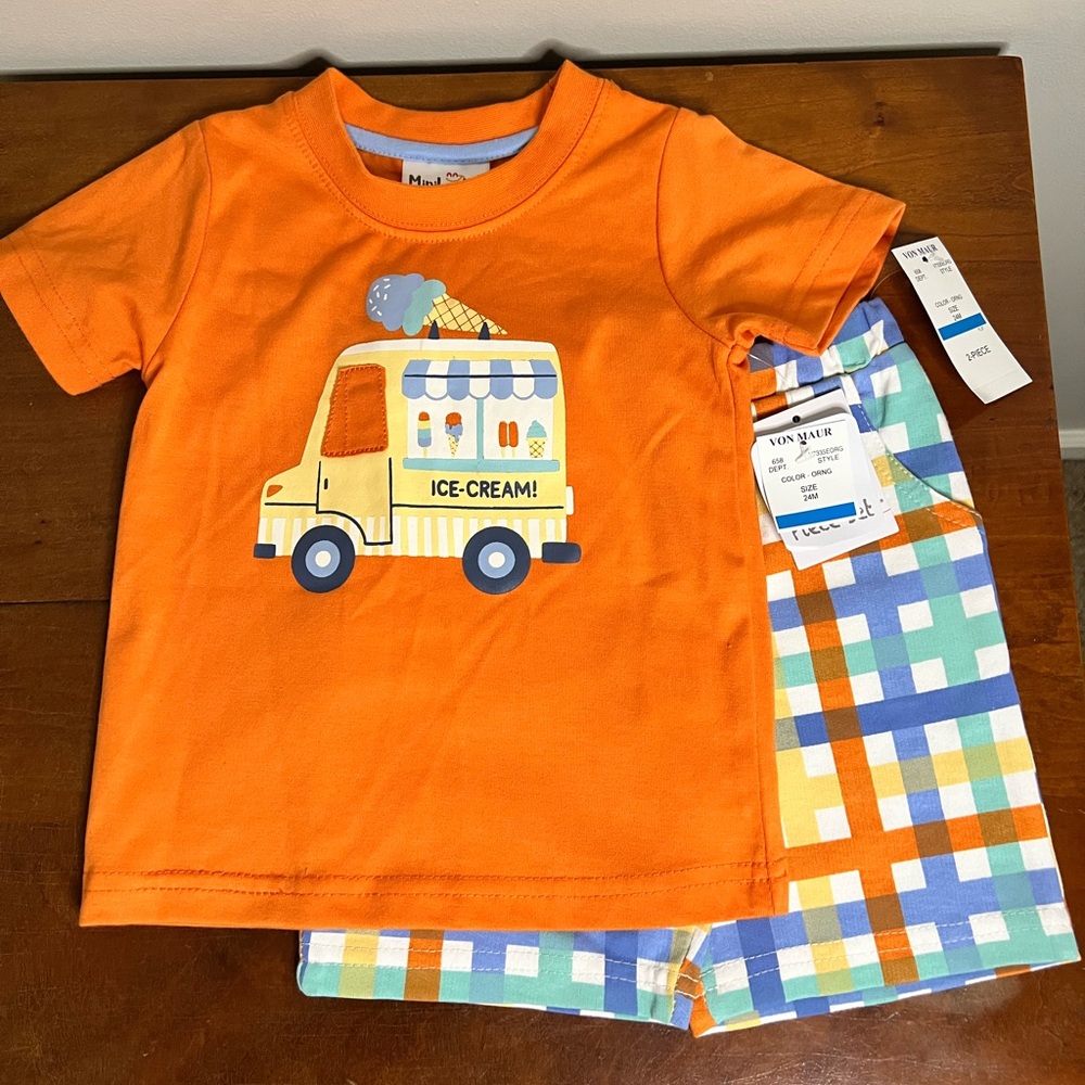 Minibamba 2 pc boys size 24 month shorts & orange shirt with ice cream truck NWT